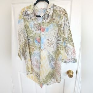 Chicos Button Front 3/4 Length Sleeve Paisley Animal Print Cotton Vacation Coast